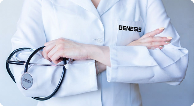 Healthcare provider in a Genesis lab coat holding a stethoscope